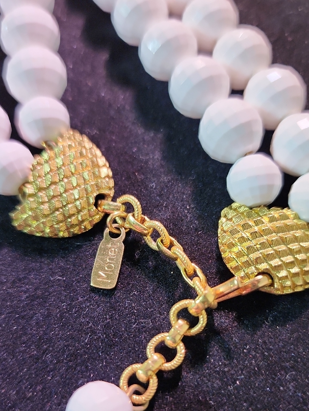 Monet White Beaded Necklace with Gold Heart Accents